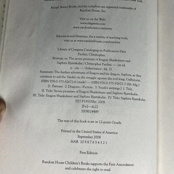 Brisingr Inheritance Cycle Book 3 - Eragon- by C. Paolini 2008 1st Edition HC - Picture 10 of 10